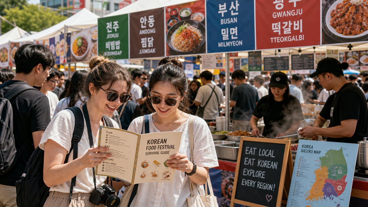 Korean Food Festival Survival Guide: Tips for First-Time Visitors 1 First-time visitors using a Korean food festival survival guide at busy outdoor food stalls