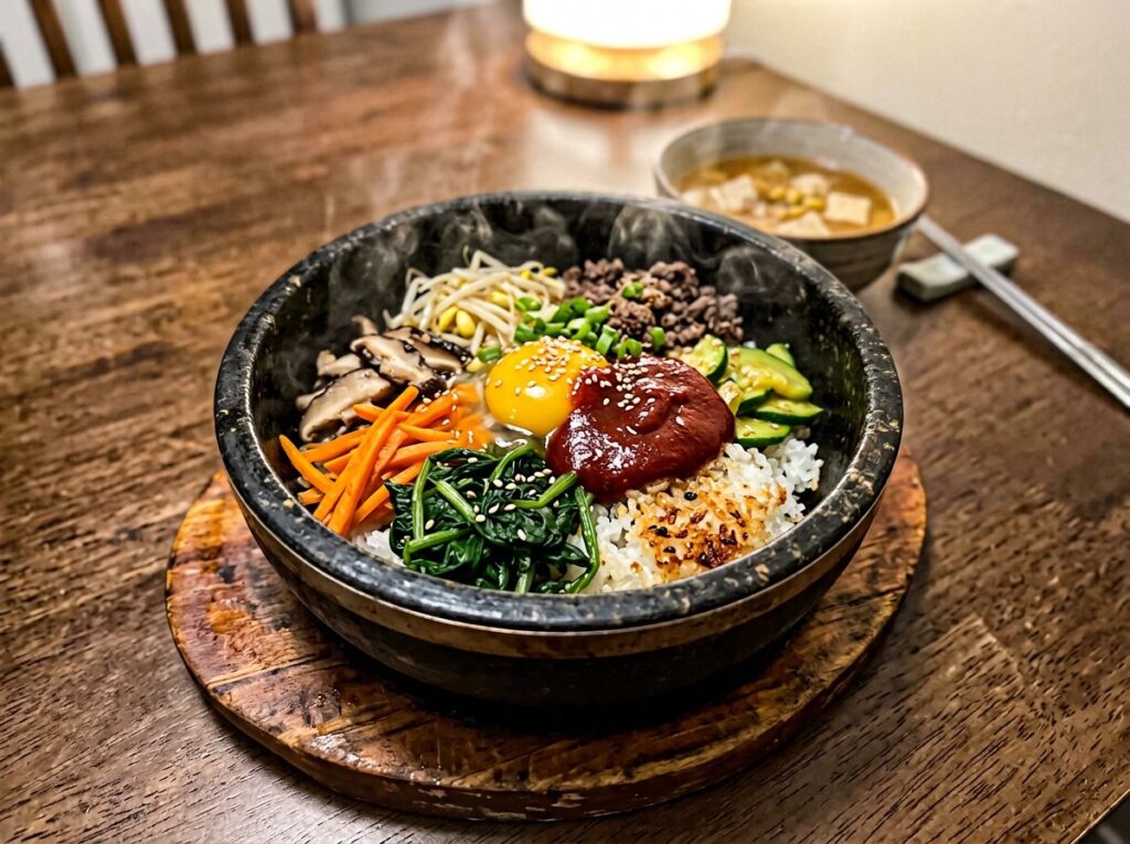 dolsot bibimbap served on a wooden trivet