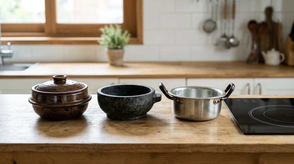 Korean ttukbaegi, dolsot and stainless pots next to an induction cooktop